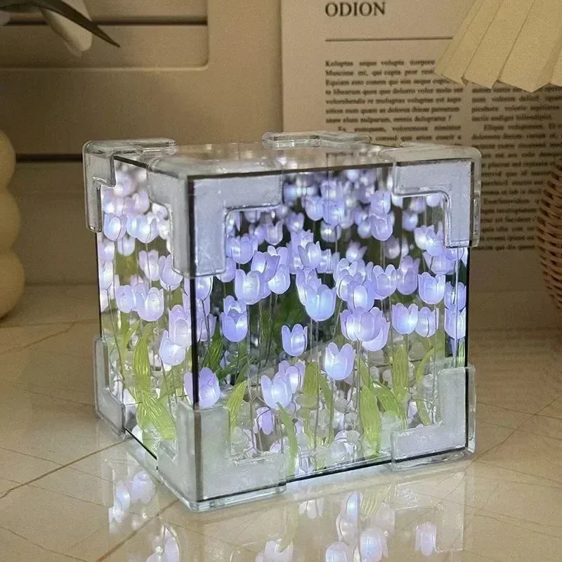 Handmade DIY Tulip Mirror Cube Lamp Simulation Flower Bedroom Sleeping Table Lamp Craft Tulips Mirror Night Light Birthday Gift