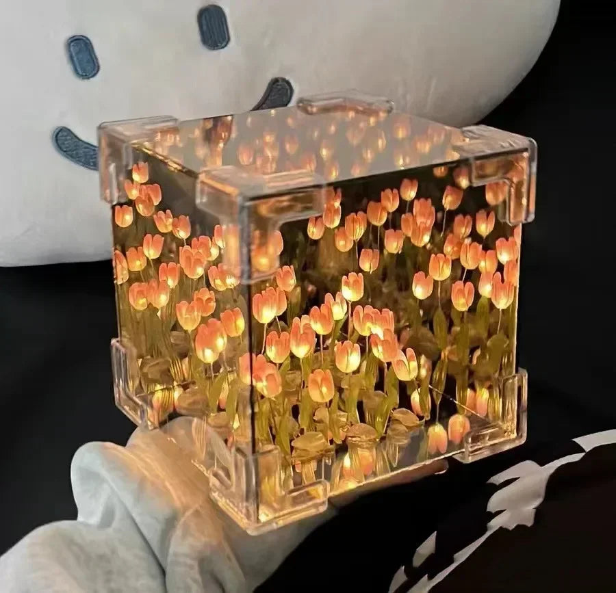 Handmade DIY Tulip Mirror Cube Lamp Simulation Flower Bedroom Sleeping Table Lamp Craft Tulips Mirror Night Light Birthday Gift