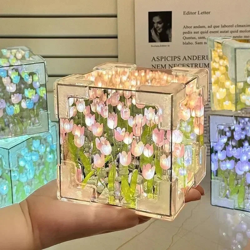 Handmade DIY Tulip Mirror Cube Lamp Simulation Flower Bedroom Sleeping Table Lamp Craft Tulips Mirror Night Light Birthday Gift