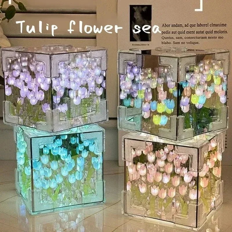 Handmade DIY Tulip Mirror Cube Lamp Simulation Flower Bedroom Sleeping Table Lamp Craft Tulips Mirror Night Light Birthday Gift