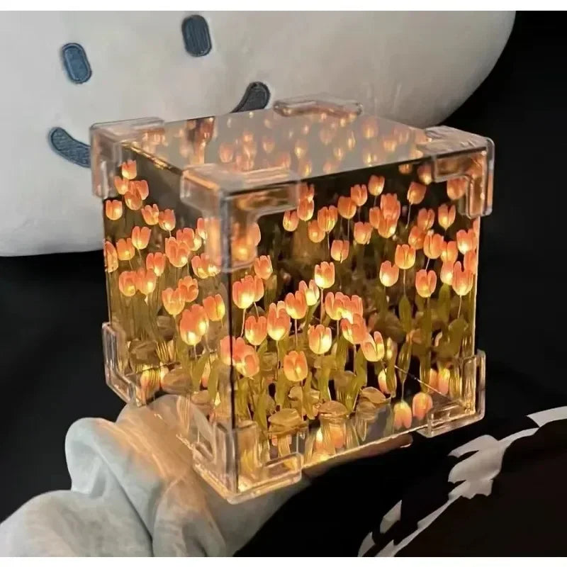 Handmade DIY Tulip Mirror Cube Lamp Simulation Flower Bedroom Sleeping Table Lamp Craft Tulips Mirror Night Light Birthday Gift